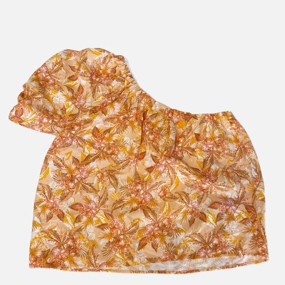 LOFT Linen One Shoulder Top Large NWT Floral Puff Sleeve Blouse Coastal Vacay - Picture 2 of 7